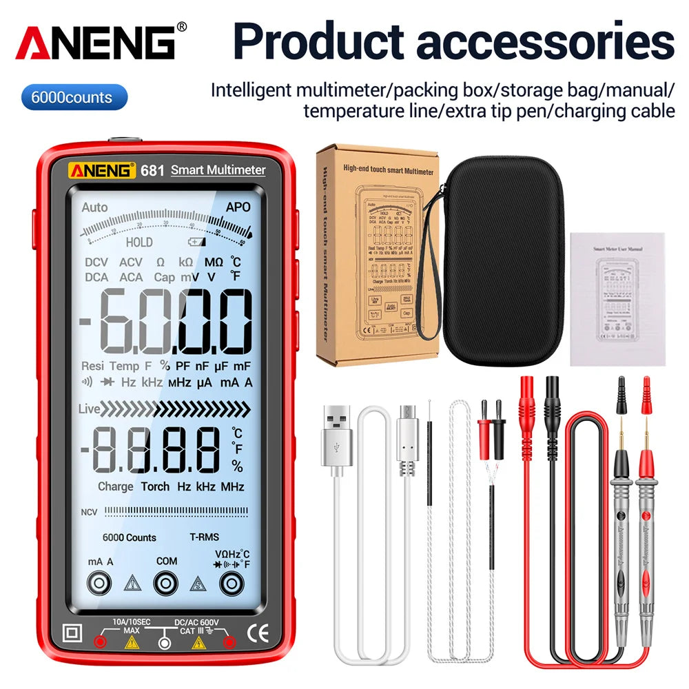 ANENG 681 Rechargeable Digital Multimeter β Professional Non-Contact AC/DC Voltage & Current Tester with LCD Screen