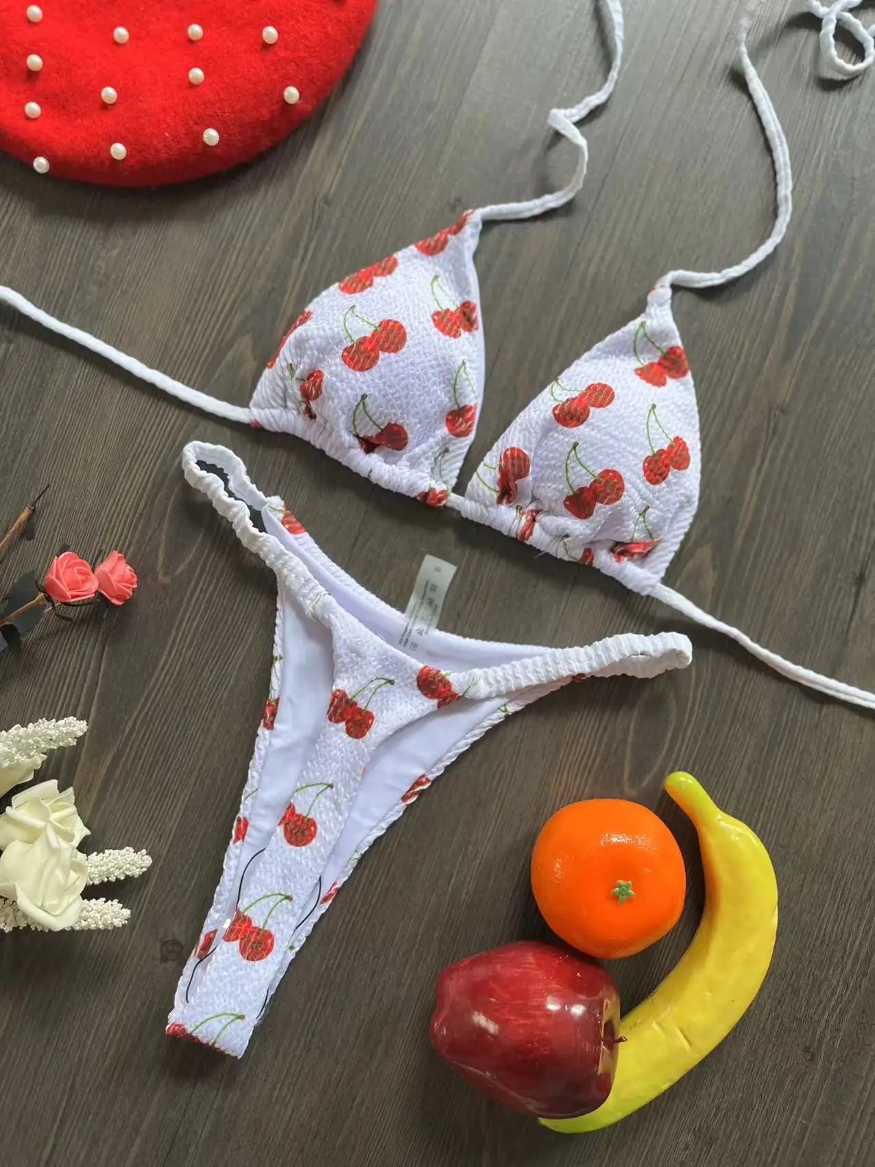 Women’s Cherry Print Bikini Set – Brazilian Thong Two-Piece Swimwear, Sexy Beach Bathing Suit