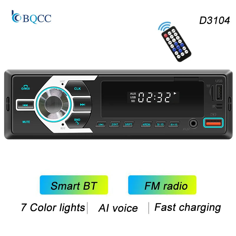 BQCC 1 Din Bluetooth Car Stereo - MP3 FM Radio with USB, TF, AUX, Dual USB & 7-Color LED Lights