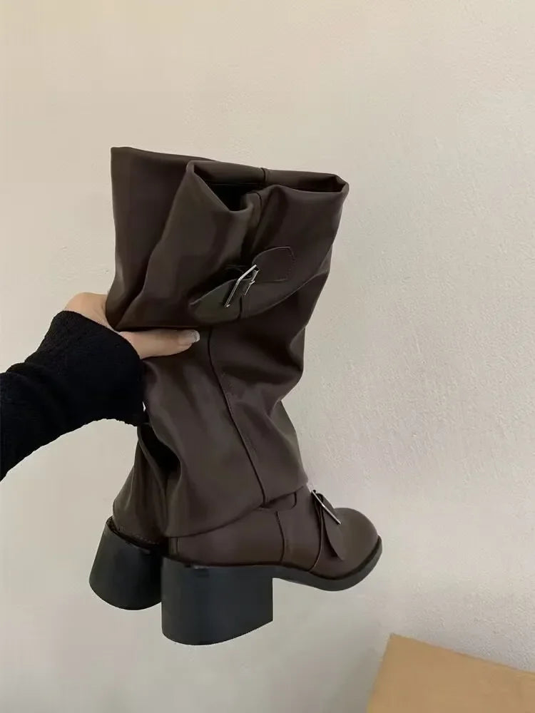 Women’s Knee-High Boots – Platform Chunky Heel Punk Gothic New Rock Leather Motorcycle Footwear Q221