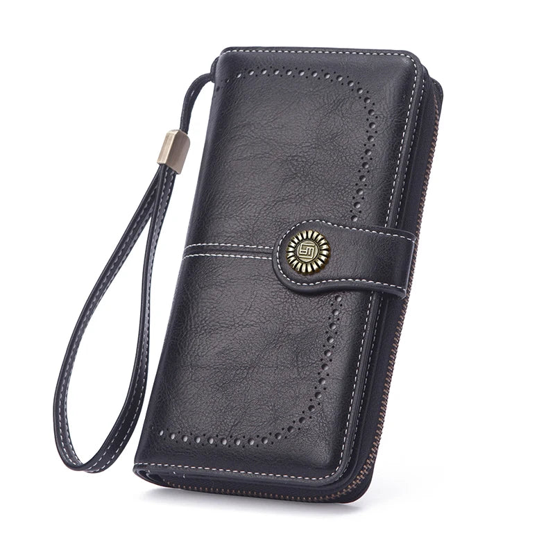 Vintage Large Capacity Women's Purse β Monochromatic Multi-Card Long Wallet with Zipper & Wrist Strap