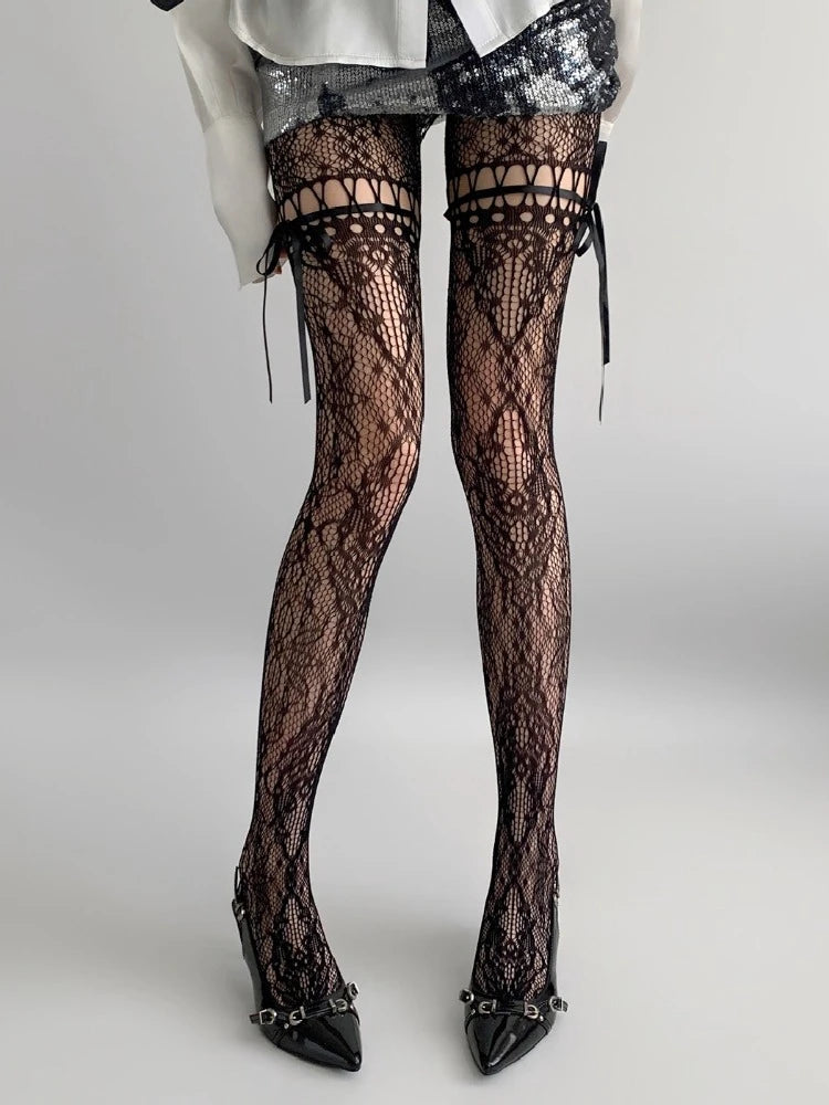 New Beige Mesh Tights for Women β Sexy See-Through Fishnet Stockings with Bow Tie Strap & Lace Pantyhose