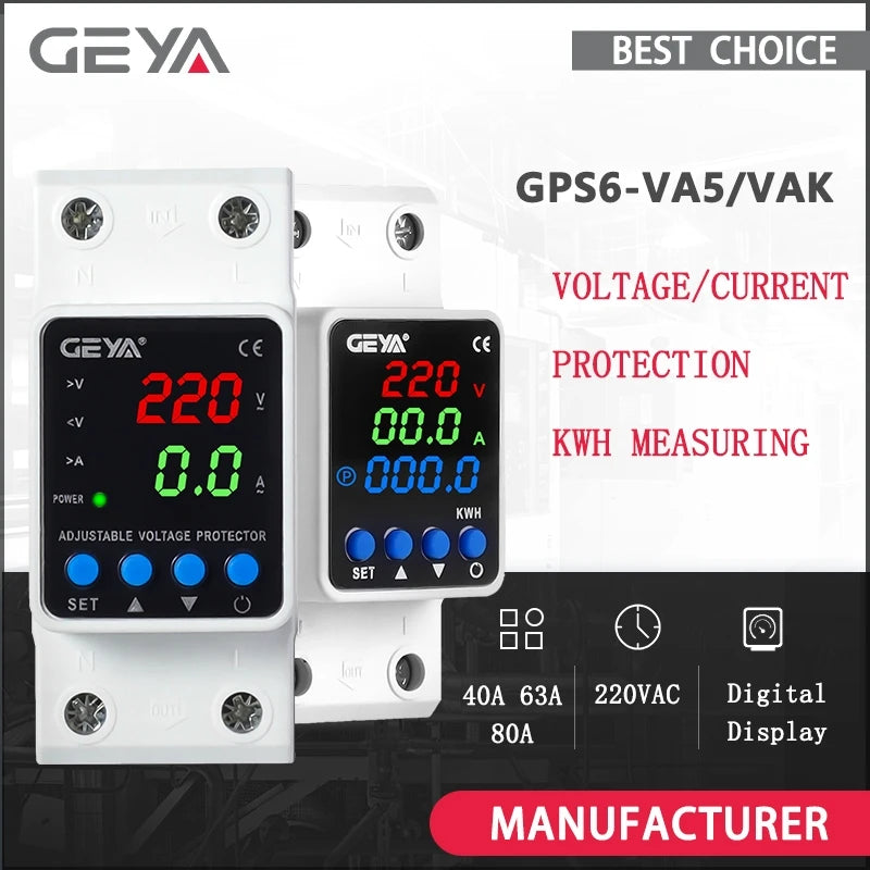 GEYA Adjustable Voltage Protector - 63A Over Under Voltage Protection Device with Digital Display for 220V/110V Power Safety