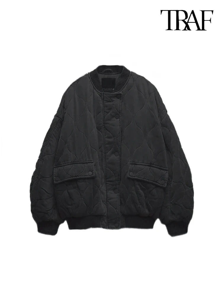 TRAF Women’s Quilted Aviator Jacket – Solid Color Round Collar Long Sleeve Casual Coat