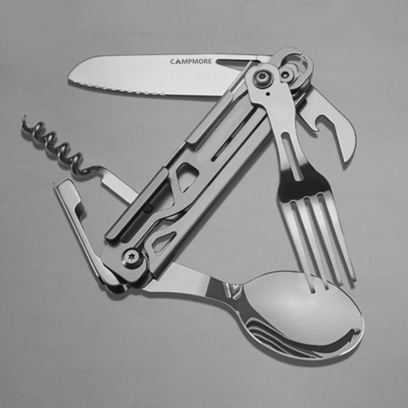 Multi-Function Outdoor Tableware: Portable Foldable Cutlery Set with Knife, Fork, Spoon, and Bottle Opener - Camping Equipment Essential