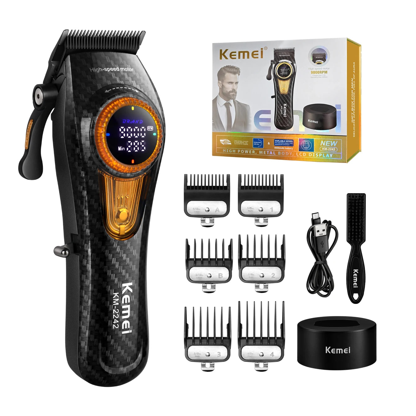Kemei Professional Hair Clipper – 9000 RPM Electric Hair Cutting Machine, Adjustable Cordless Trimmer with Base for Barbers
