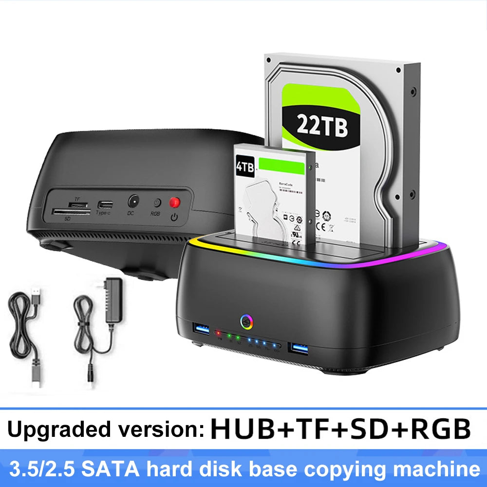 7-in-1 Dual Bay Hard Drive Docking Station USB 3.0 – 5Gbps SATA HDD/SSD Clone Enclosure for 2.5" & 3.5" Drives, TF/SD Card Reader