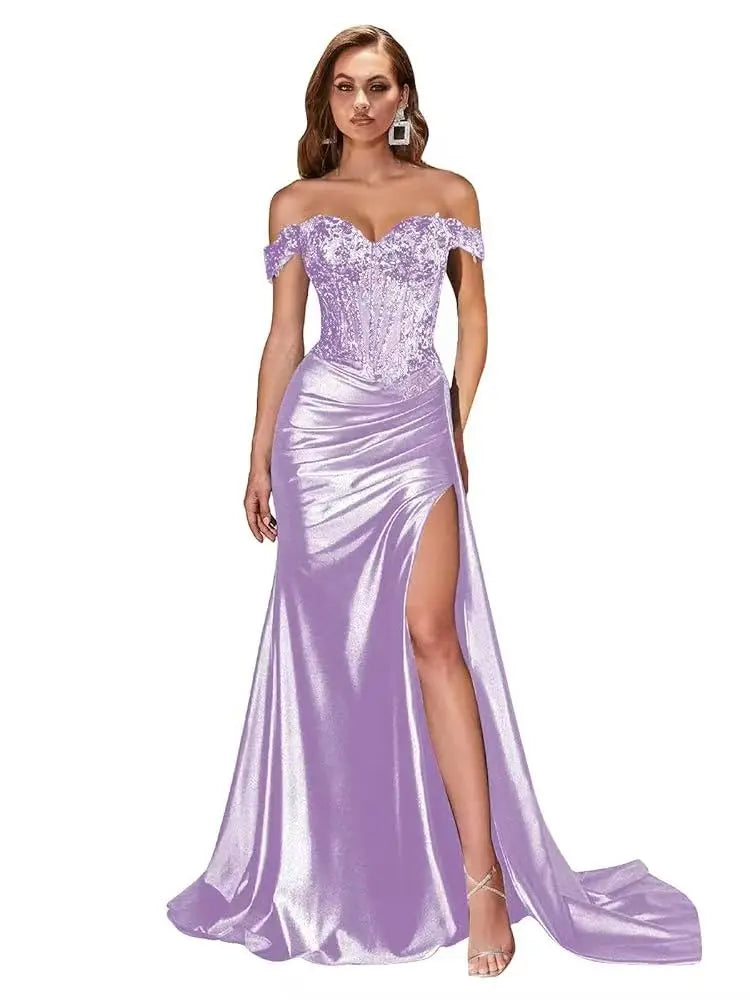 Dark Navy Off-Shoulder Prom Dress – Sweetheart Beaded Lace Evening Gown with High Side Slit, 2025 Custom