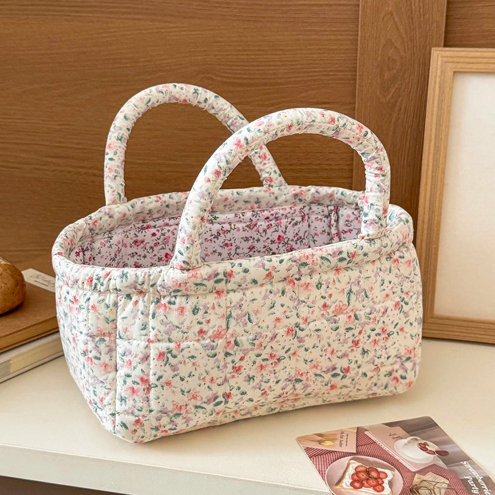 Cute Pink Flower Quilted Storage Basket with Handle β Foldable Home Organizer for Pet Toys & Room Storage