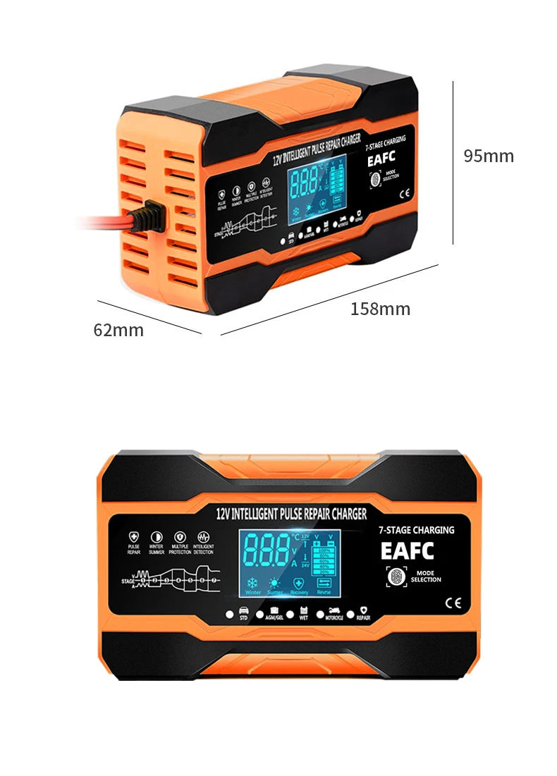 12V/24V Smart Battery Charger — 10A/12A Fast Charger with 7-Stage Pulse Repair for AGM, GEL, WET Lead-Acid Car Batteries