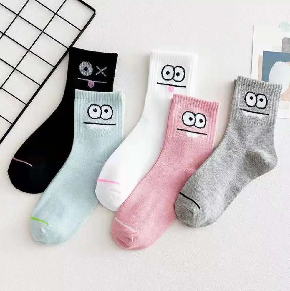 5 Pairs Happy Face Crew Socks β Cartoon Cat Cotton Mid Tube Socks, Breathable Women's Stockings & Hosiery