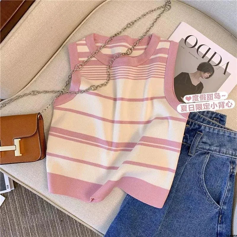Women's Casual Striped Knit Sleeveless Tank Top with Contrast Trim β Pink, Black & White