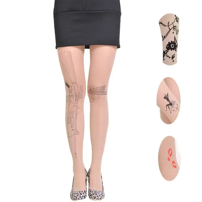 Machine Gun Tattoo Transparent Tights – Women’s Fashion Stockings Pantyhose with Free Shipping
