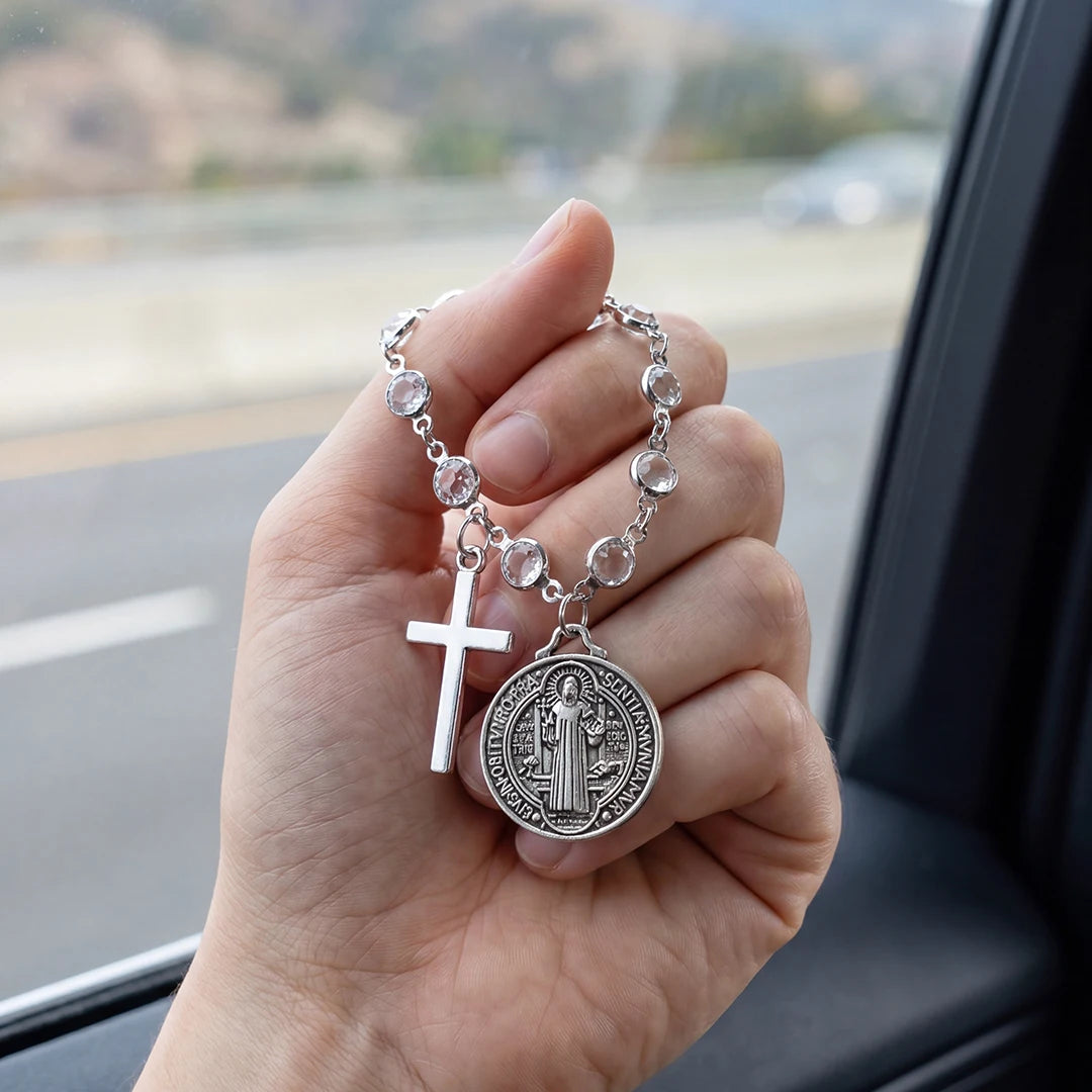 Catholic Rosary Car Pendant - St. Benedict Medal and Cross Religious Auto Interior Accessory