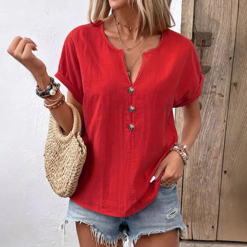 2025 Women’s V-Neck Blouse - Short Sleeve Button Casual Summer Loose Fit Solid Color Top