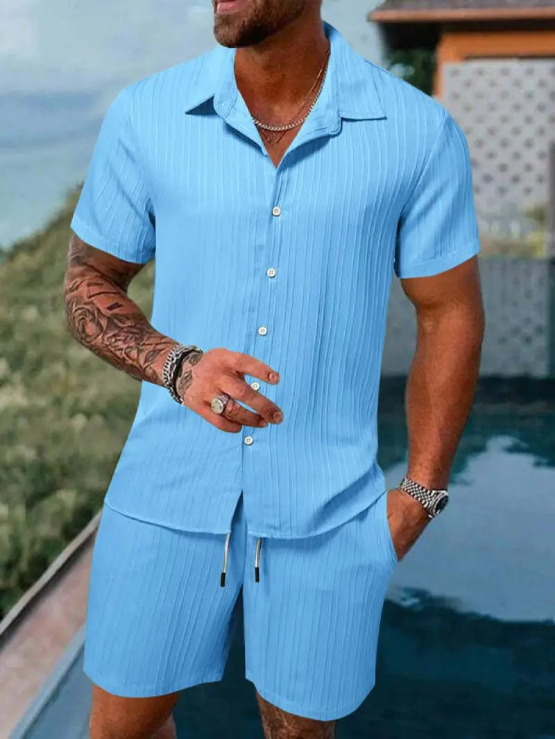 Men's Striped Jacquard Beach Shirt & Shorts Set — Spring Summer Casual Loose Fit, Europe & US Style