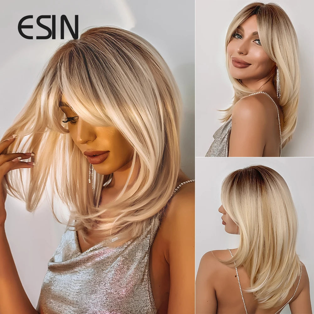 ESIN Synthetic Dark Brown Wig for Women - Long Wavy Wig with Bangs, Heat Resistant for Party & Daily Use