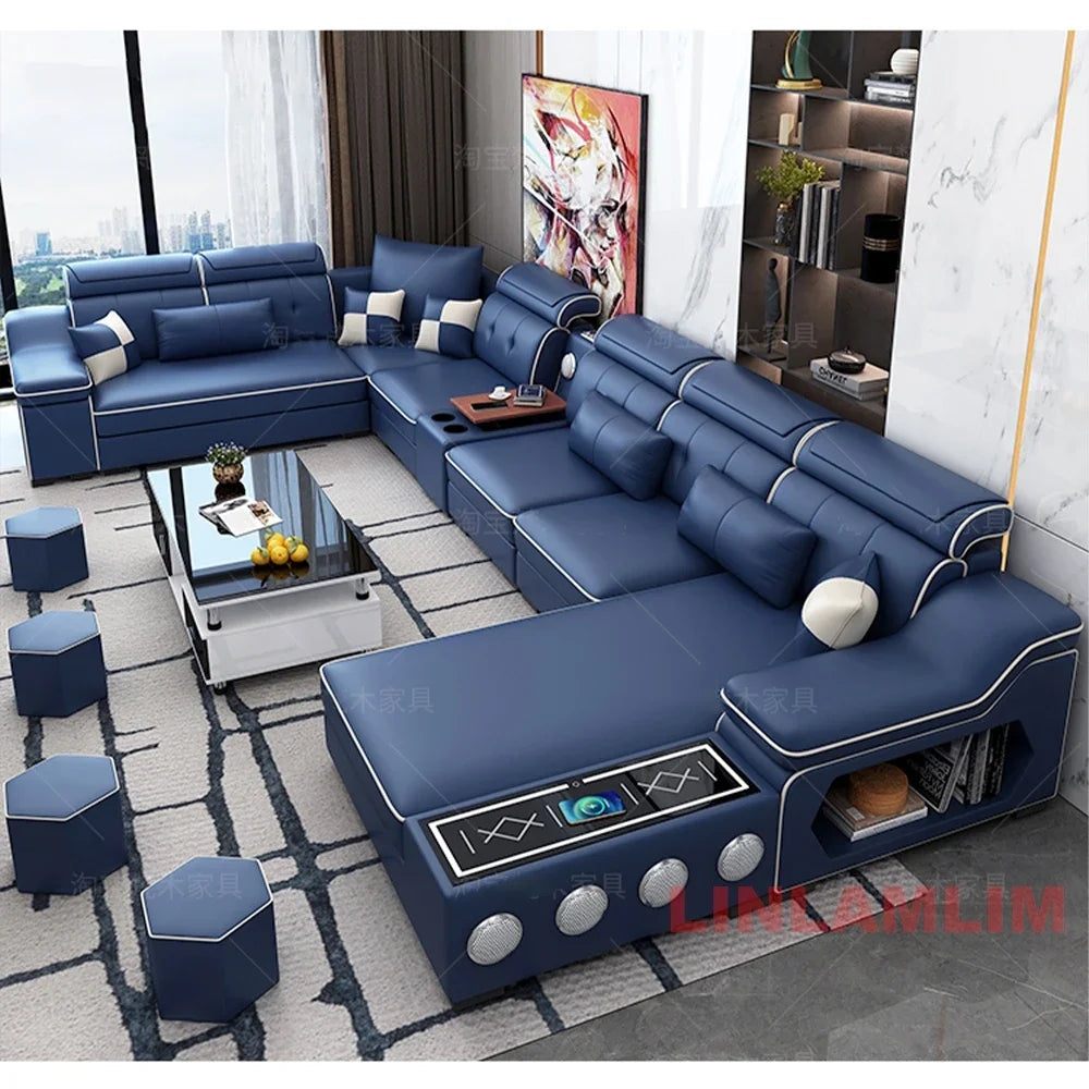 Linlamlim Modern Sectional Sofa Set - Fabric Chaise Lounge with Bluetooth Speakers & USB Charging Ports for Living Room