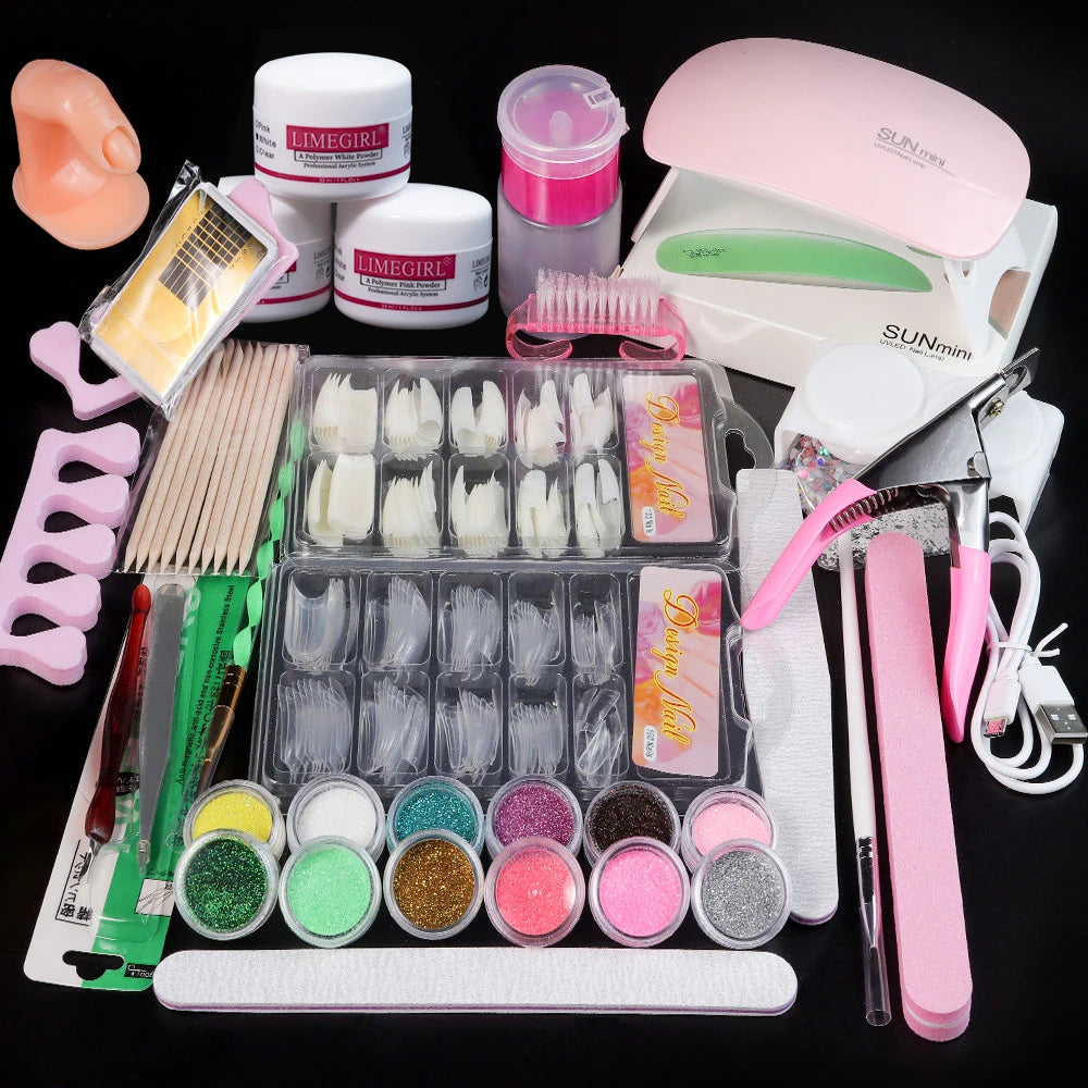 Nail Acrylic Powder and Liquid Monomer Kit β Crystal Nail Glitter, 3D Nail Tips, Carving Tools for Nail Art Decoration