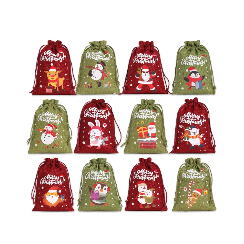 12PCS Christmas Drawstring Gift Bags – Linen Fabric Bags for Advent Calendar, Cookies & Candy Pouches