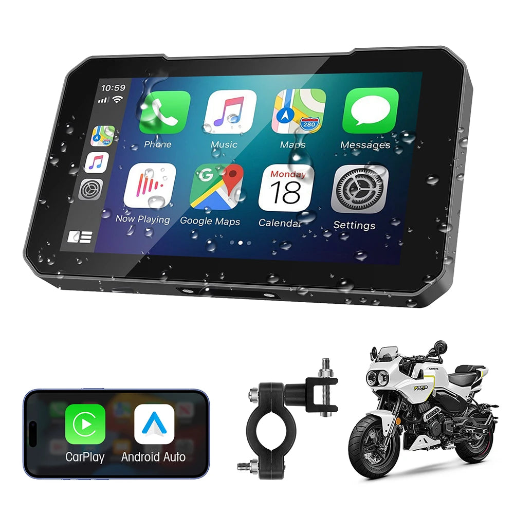 5 Inch Motorcycle CarPlay GPS Navigator - Portable Wireless Android Auto Touchscreen Display