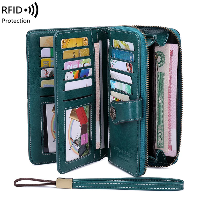 RFID Anti-Theft Retro Large Capacity Women's Wallet β Multi-Card Zipper Wallet with Wrist Strap