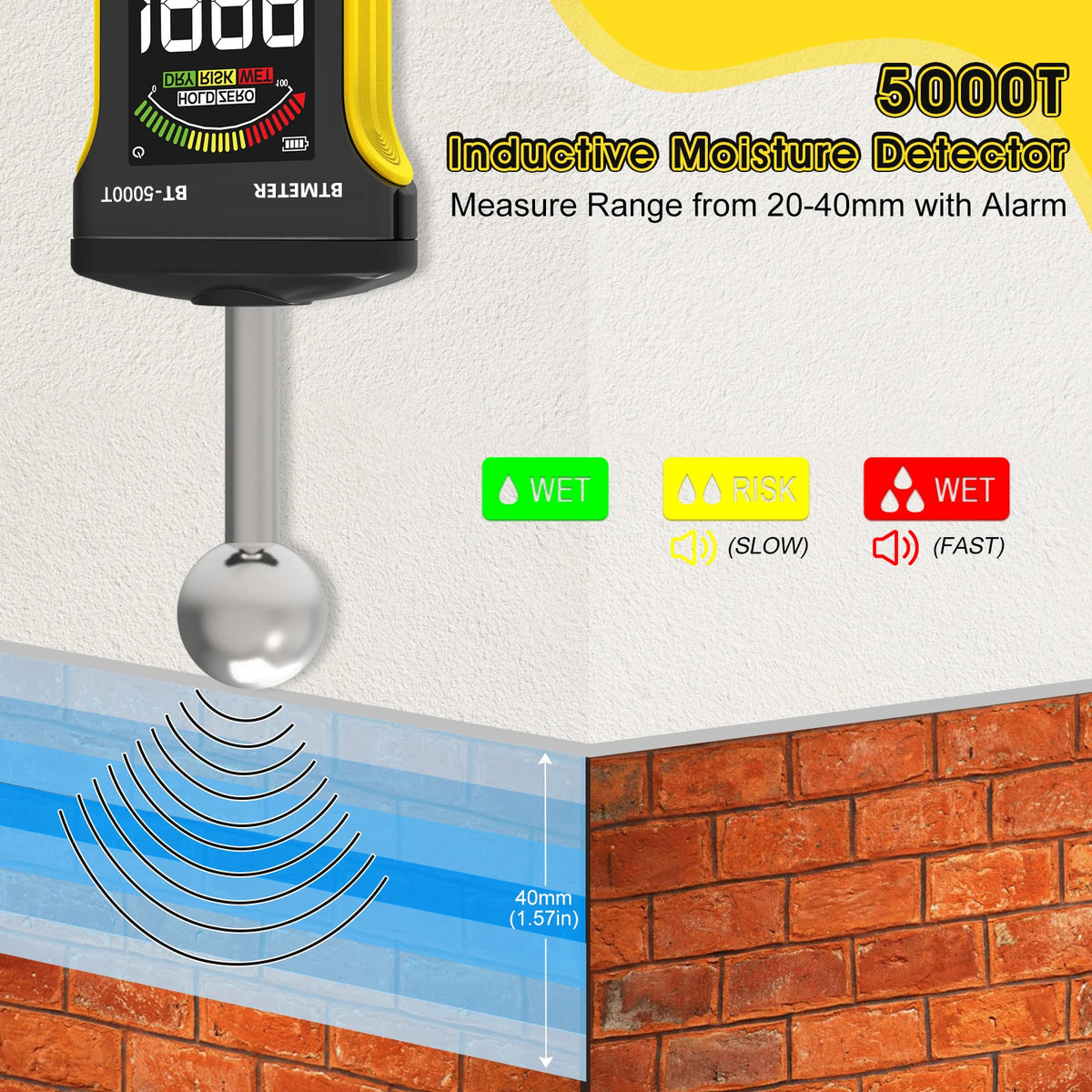 BT-5000T Pinless Wall Humidity Detector - 20–40mm Wood Moisture Meter with WET/RISK/DRY Alarm & Wall Surface Testing