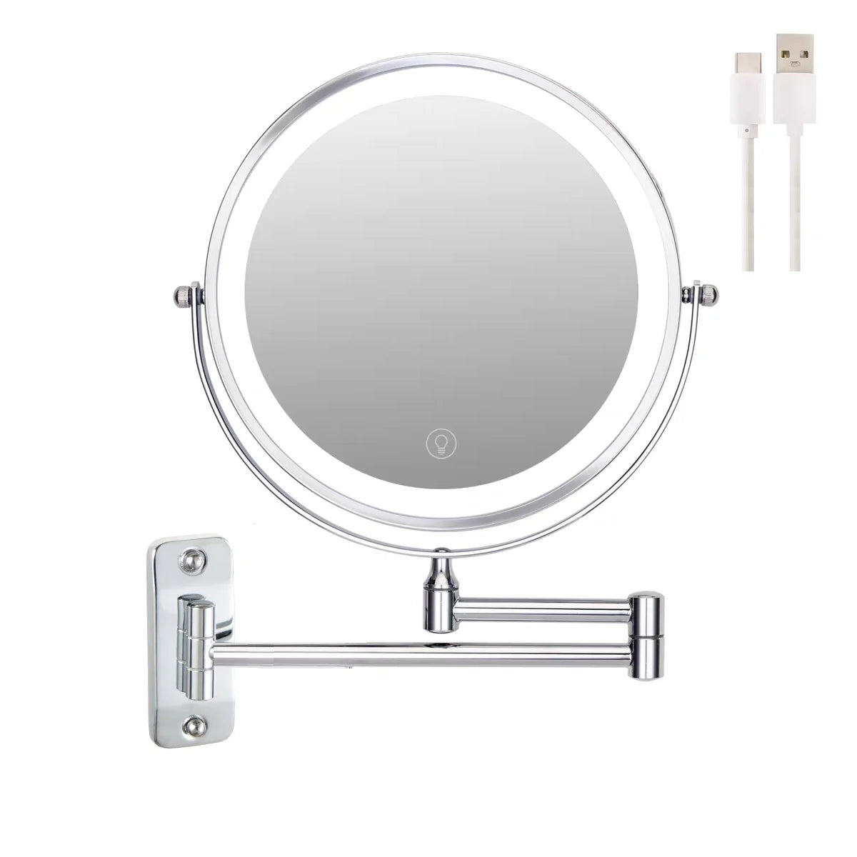 8-Inch Double-Sided LED Makeup Mirror - 10X Magnification, 360° Rotating, Wall Mounted, Foldable Vanity Mirror