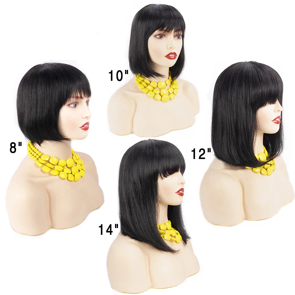 Short Straight Bob Wig with Bangs - 100% Human Hair, 180% Density for Women