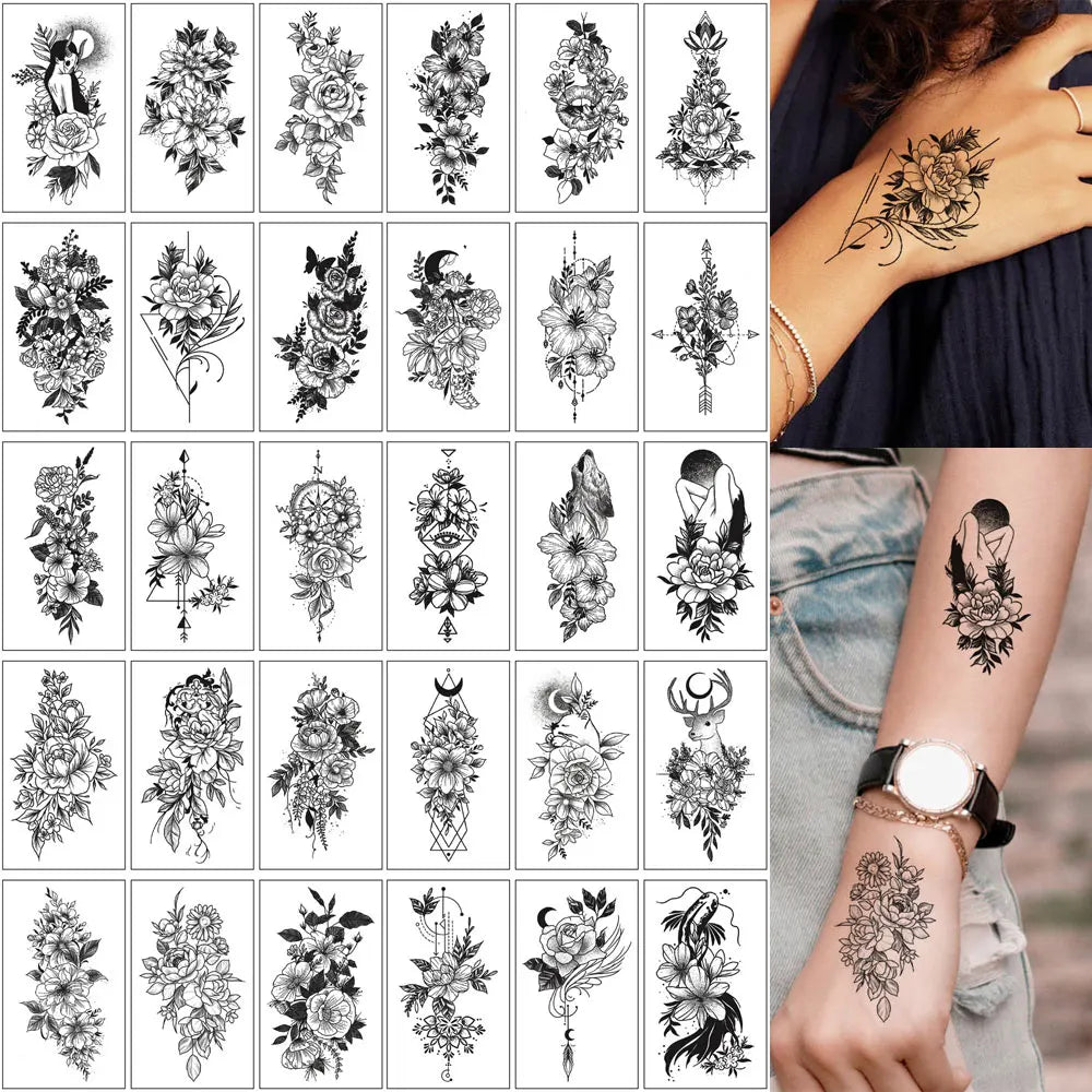 30pcs Black Temporary Tattoo Stickers - Flower Butterfly Rose Moon Star Mandala Designs for Hand, Chest & Body Art
