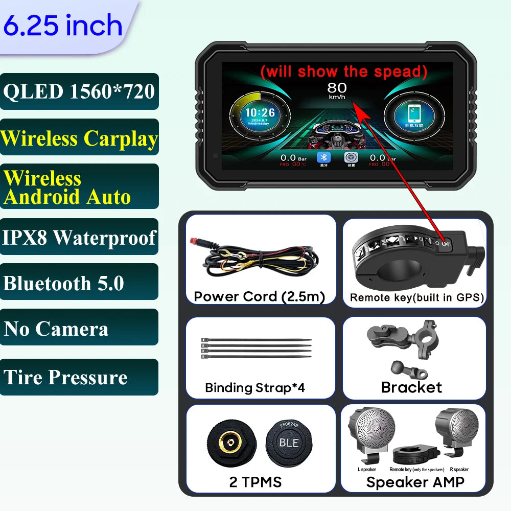 6.25-Inch Motorcycle GPS Navigation Screen with Wireless CarPlay & Android Auto – 1560x720 Resolution, Motor DVR Monitor, TPMS Optional