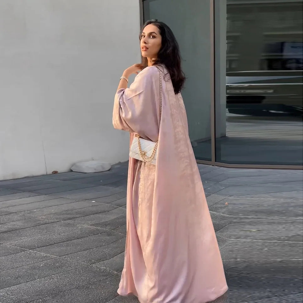 Women’s Shiny Satin Open Kimono Abaya – Luxury Dubai Ramadan Muslim Kaftan Dress