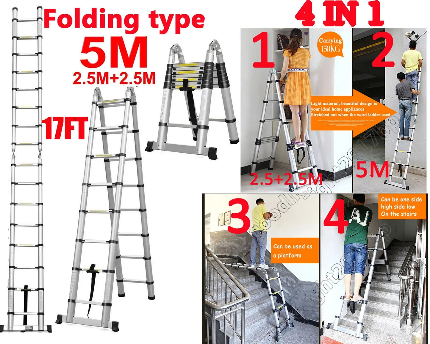 16.5FT (5M) Telescopic Aluminium Ladder – Extendable Folding Ladder with Non-Slip Steps, 150kg Load Capacity