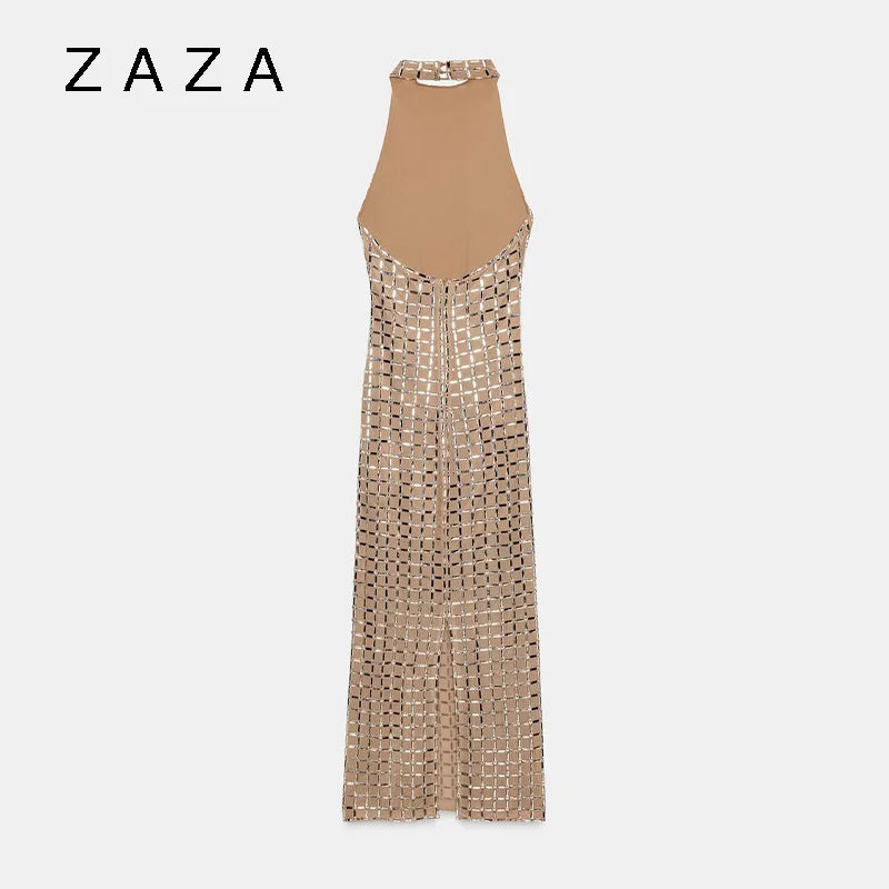Zaza Chic Elegant Shiny Maxi Dress β Sleeveless High Neck Slim Fit Party Dress for Women