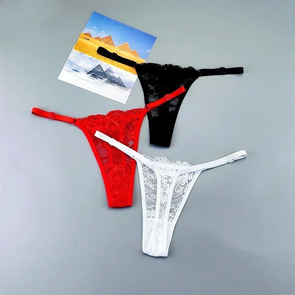Women's Transparent Lace Thong Set - 3PCS Adjustable Low Waist Sexy T-Back Underwear