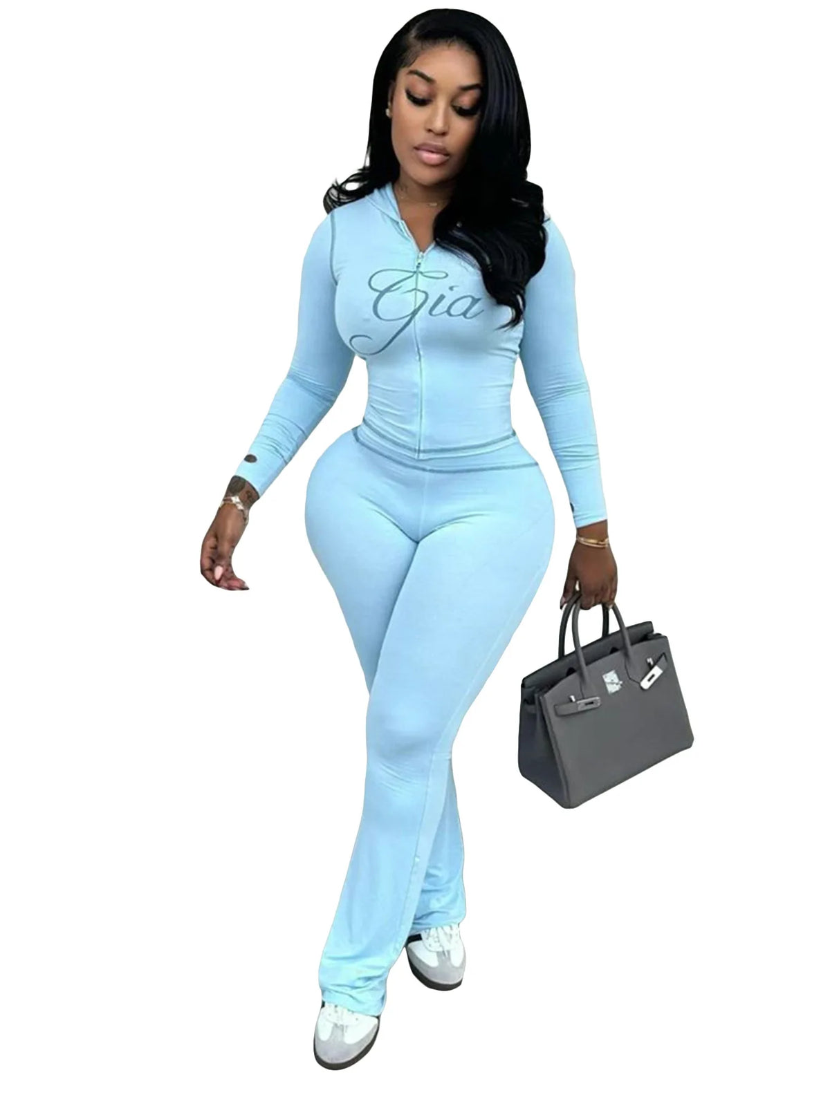 Women’s Letter Print 2-Piece Tracksuit Set - Hooded Zip-Up Coat & Jogger Pants for Autumn and Winter