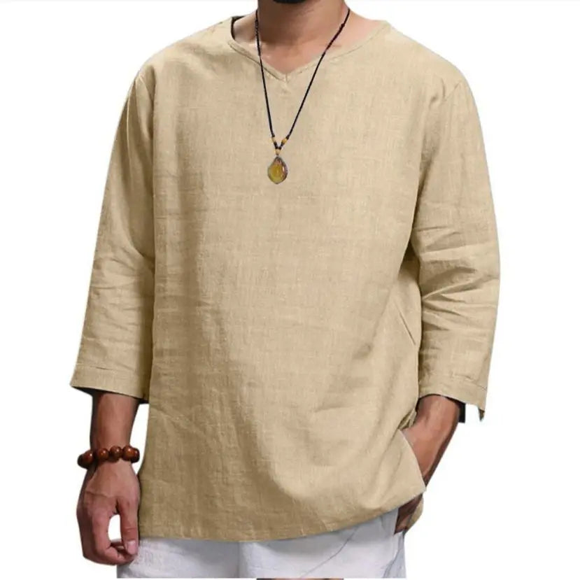 Men’s 3/4 Sleeve Casual Shirt - Loose Fit Solid Color Pullover Top
