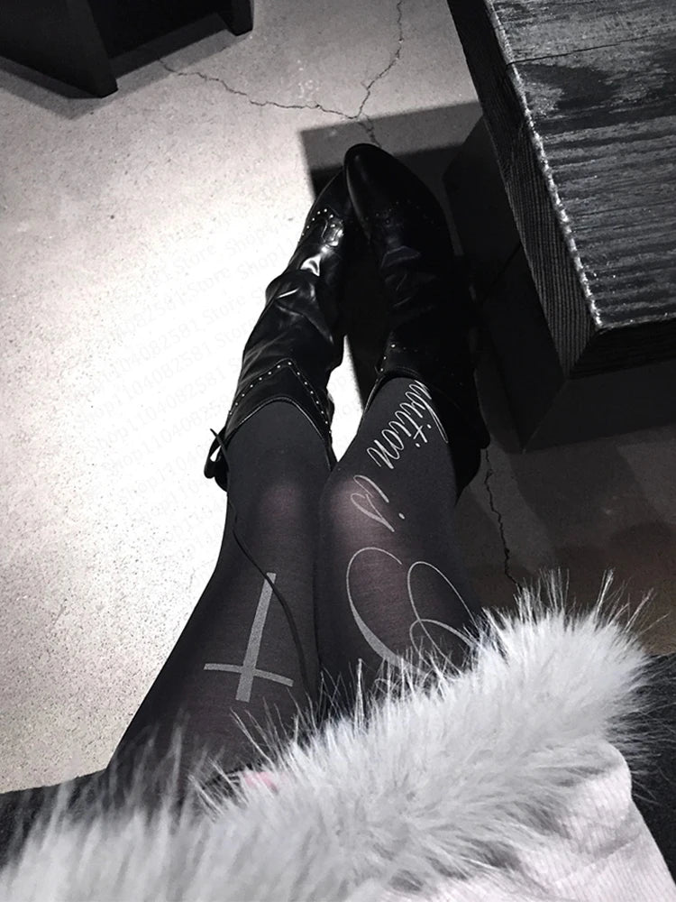 Y2K Letter Print Pantyhose - Black Punk Gothic Lolita Style Tights for Women
