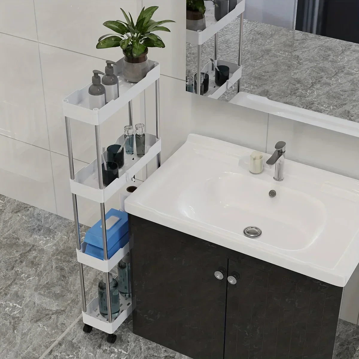 Bathroom Storage Rack with Wheels - 3/4 Layer Rolling Utility Cart & Multi-Purpose Corner Shelf Organizer
