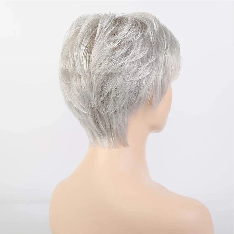 HAIRJOY Short Grey Wigs for Women – Mixed Gray & Silver Curly Wig with Bangs, Synthetic Short Hair Wig for Grandma