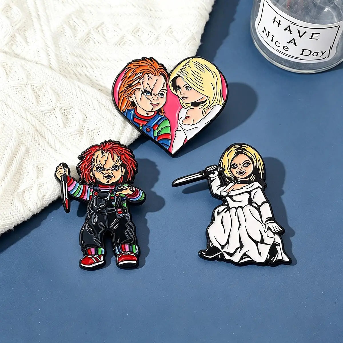 3-Piece Chucky & Tiffany Horror Enamel Pin Set - Metal Lapel Brooches for Backpacks, Cosplay Costumes & Halloween Gifts