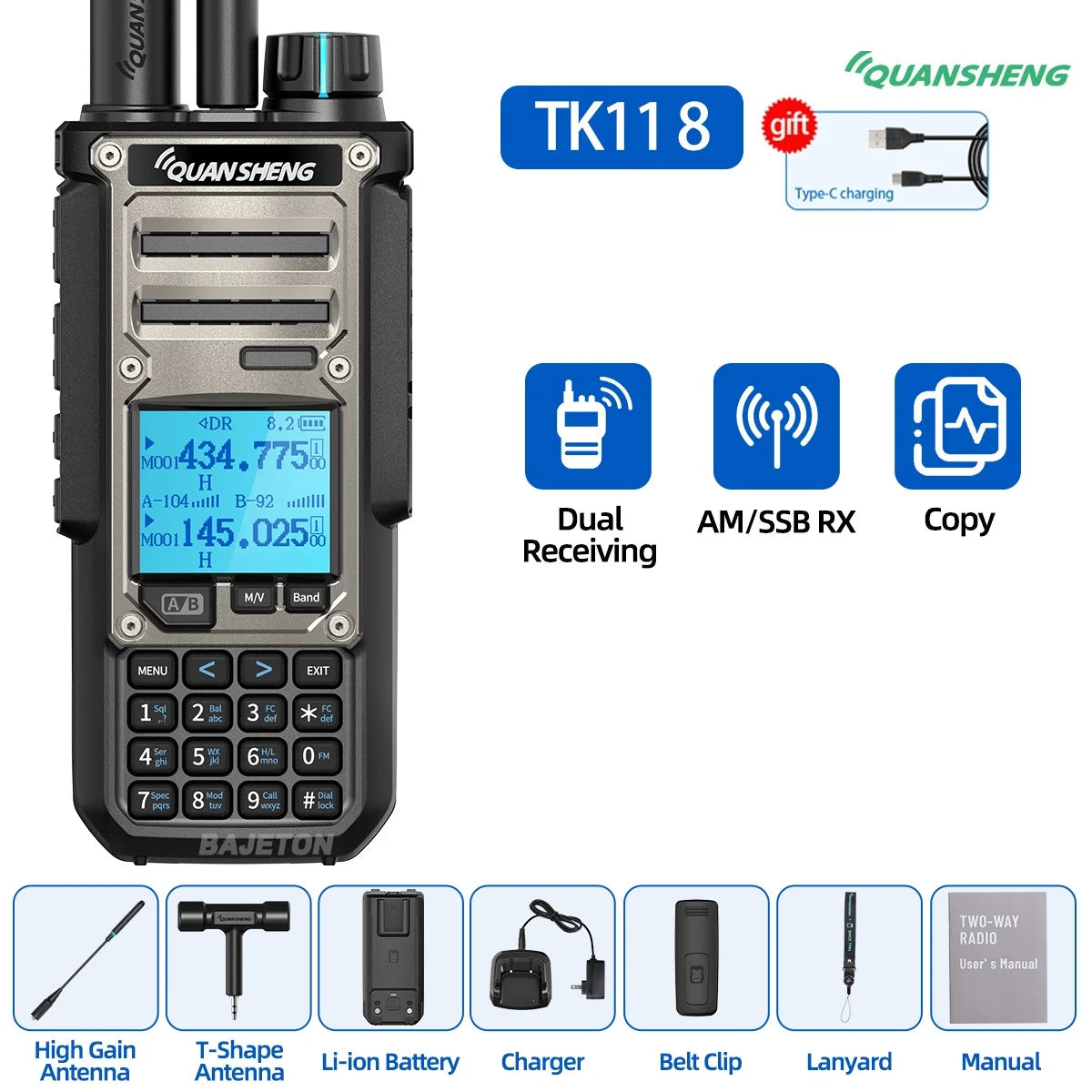 Quansheng TK11-8 10W Walkie Talkie - Dual-Receive CB Radio with 27MHz, CW/LSB, LW/MW/SW, NOAA, and USB-C Charging for UV-K5-8 and TK-11-5
