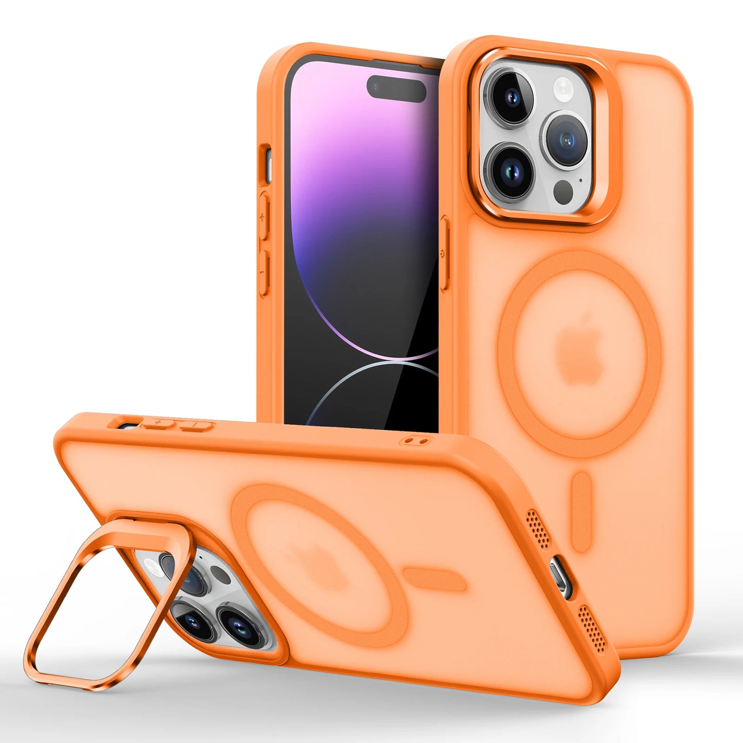 Magnetic Metal Lens Stand for iPhone 11–17 – MagSafe Compatible Matte Wireless Charging Case Holder