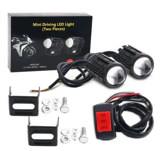 2PCS Universal Motorcycle LED Projector Headlights - Dual Color ATV Scooter Fog Light Auxiliary Driving Spotlight Lamp