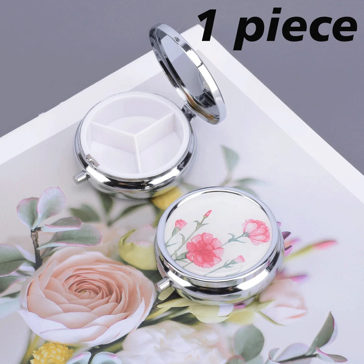 3-Compartment Stainless Steel Pill Box - Round Floral Medicine Organizer, Portable Capsule Case with Dividers