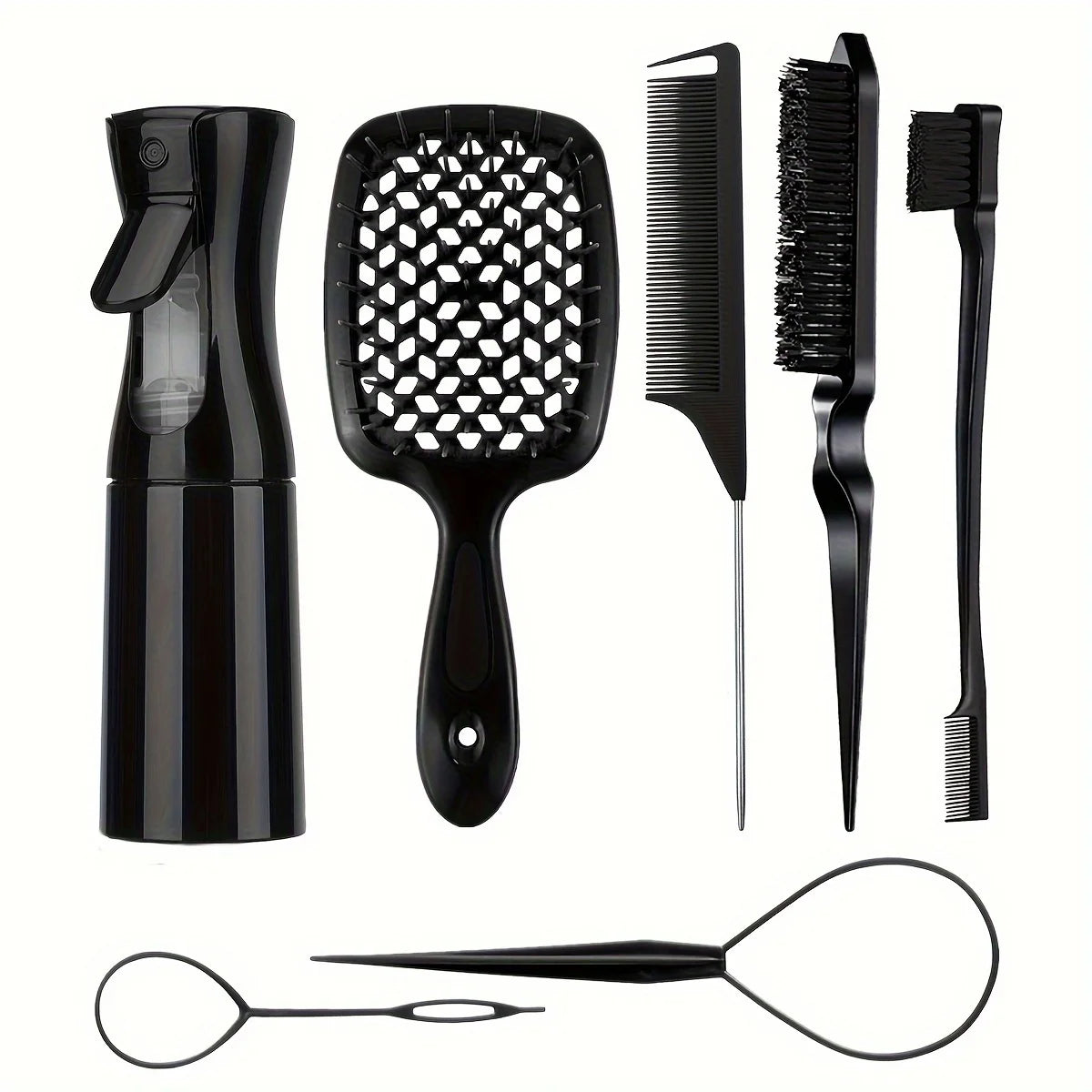 7PCS Hair Styling Kit – Detangler Brush, Bristle & Double-Sided Edge Brushes, Scalp Massager for All Hair Types, Salon Tools Set