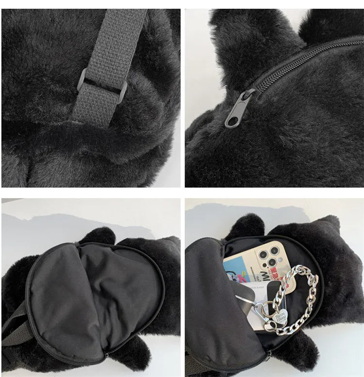 Skull Plush Gothic Backpack – Furry Winter Water Bottle Bag, Skeleton Doll Shape for Women, Birthday Gift