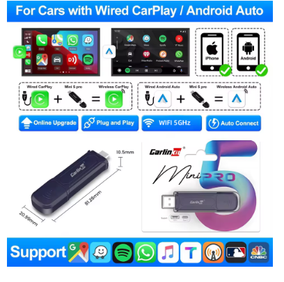 CarlinKit 5.0 Wireless CarPlay and Android Auto Adapter - 3 in 1 Wireless Car Adapter for Mazda, Toyota, Peugeot, Volvo, Kia - Supports Spotify