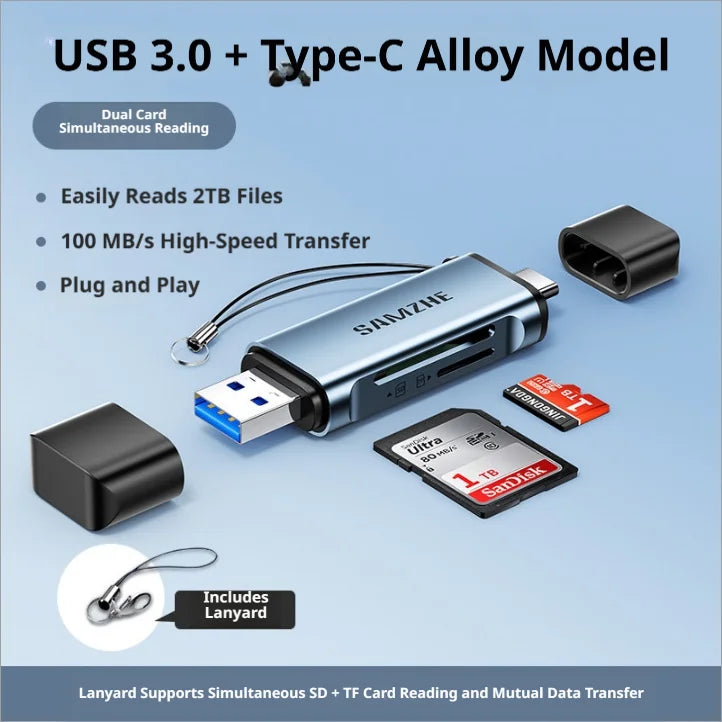 SAMZHE USB 3.2 Card Reader - Dual-Slot SD & MicroSD TF Reader with USB-A & USB-C Support