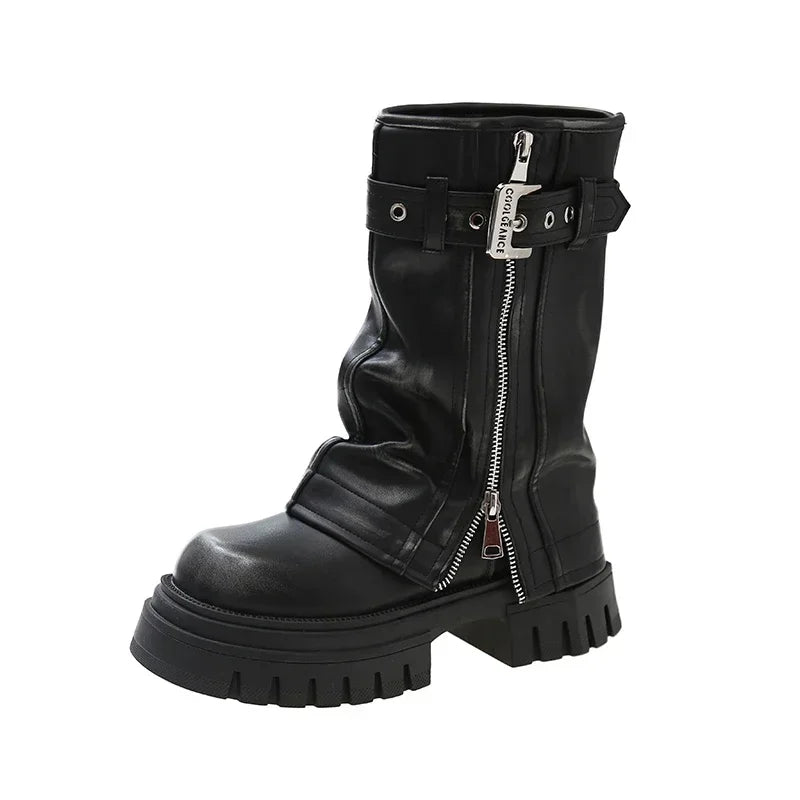2023 New Women's Mid-Calf Boots – Fashion Belt Buckle, Side Zipper, Round Toe, High Quality